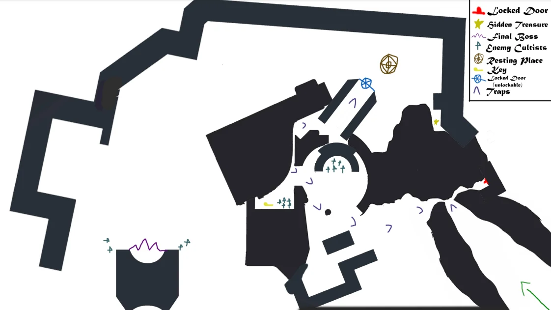Level layout with a legend for locked doors, hidden treasure, the final boss, enemy cultists, a resting place, keys, and traps