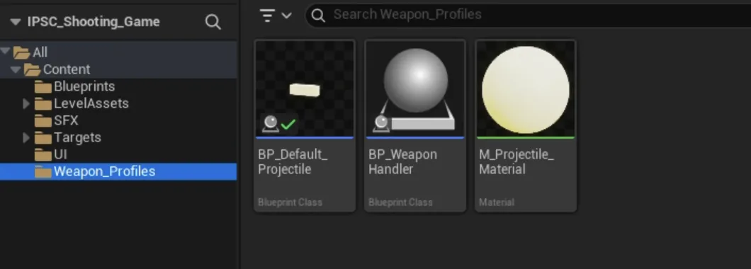 Project folders: Blueprints, Level Assets, SFX, Targets, UI, Weapon Profiles