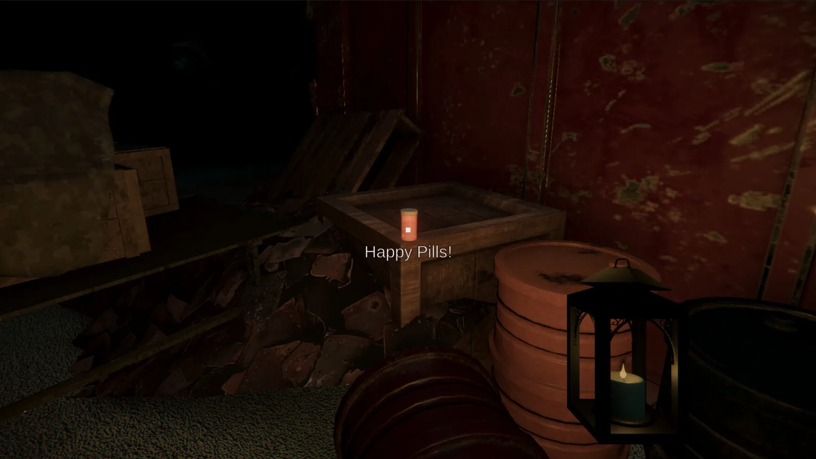 Joymaker: a bottle labeled Happy Pills on a crate